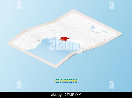 Gefaltete Papierkarte von Gabun mit Nachbarländern im isometrischen Stil auf blauem Vektorhintergrund. Stock Vektor