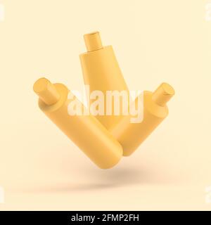 Symbole für 3d-Duschflaschen. Einfache Gruppe auf pastellgelbem Hintergrund für Seife Shampoo Sonnenkosmetik. Minimalkonzept. Stockfoto