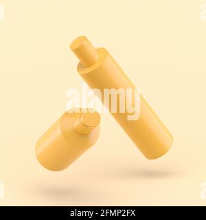 3d einfache Dusche Flasche auf pastellgelbem Hintergrund für Seife Shampoo Sonne. Minimalkonzept. Stockfoto