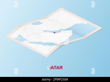 Gefaltete Papierkarte von Katar mit Nachbarländern im isometrischen Stil auf blauem Vektorhintergrund. Stock Vektor
