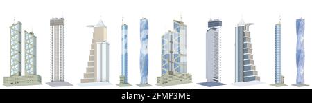 10 Low-View feine detaillierte Renderings von fiktionalen Design städtischen Wolkenkratzern mit blau bewölkten Himmel Reflexionen - isoliert, 3d-Illustration von Wolkenkratzern Stockfoto