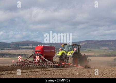 Ein Claas Axion 940 Traktor und ein Horsch Pronto DC Universal-Sämaschine arbeitet auf einem Feld in Aberdeenshire in Feder Stockfoto