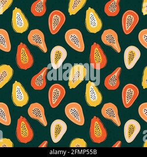 Farbmuster mit Papaya-Scheiben, Passionsfrucht auf Grün. Handgezeichnete exotische Fruchtstücke in wiederholter Hintergrundfarbe. Fruchtiges Ornament für Textil Stock Vektor
