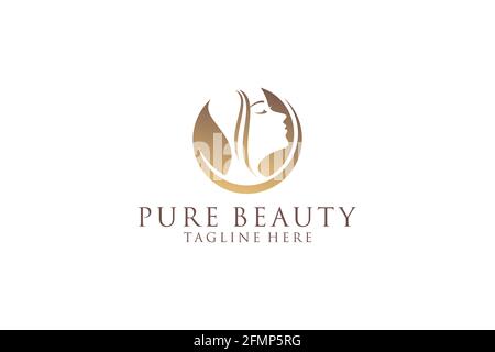 Beauty Frauen, Beauty Care, Frauen Gesicht, Goldfarbe, Eleganz, Banner und Visitenkarte, Logo-Design. Stock Vektor