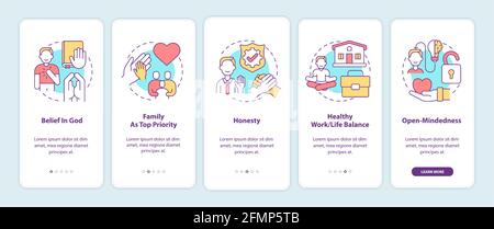 Persönliche Werte Onboarding Mobile App Seite Bildschirm mit Konzepten Stock Vektor