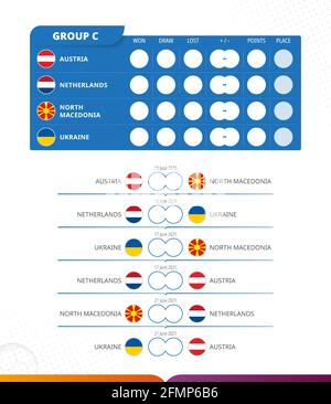 Europäischer Fußballwettbewerb 2020, Spielplan der Gruppe C, alle Spiele, Zeit und Ort. Flaggen von Österreich, den Niederlanden, Nordmakedonien, der Ukraine. Vect Stock Vektor