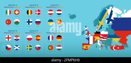 Europa-Karte mit hervorgehobenen europäischen Fußballturnier 2020 Teilnehmer Länder. Flag-Sammlung nach Gruppe sortiert. Vektorset. Stock Vektor