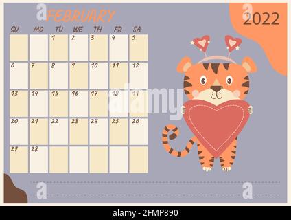 Planner-Kalender für Februar 2022. Niedliches Tiger-Junge mit einem großen Herzen, gratuliert zum Valentinstag. Jahr des Tigers auf Chinesisch oder orientalisch. Vektor Stock Vektor