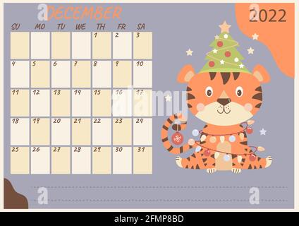 Horizontale Planner-Kalendervorlage für Dezember 2022. Niedlicher Tiger mit Weihnachtsbaum, Spielzeug und Girlanden. Jahr des Tigers auf Chinesisch oder orientalisch. V Stock Vektor