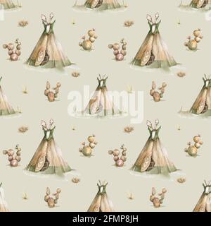 Handgezeichnetes Aquarell Tribal Tipi nahtloses Muster, Boho America traditionelle native Ornament Wigwam und Kaktus-Muster. Indische Bohemian Dekoration Stockfoto