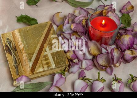 Getrocknete Rosen, Kerze und Buch Stockfoto