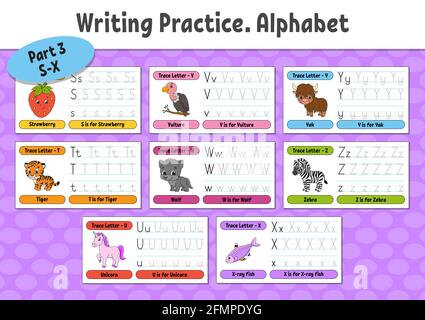 Schreiben von Briefen. Tastseite einstellen. Übungsblatt. Arbeitsblatt für Kinder. Alphabet lernen. Niedliche Charaktere. Vektorgrafik. Cartoon-Stil. Stock Vektor
