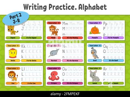 Schreiben von Briefen. Tastseite einstellen. Übungsblatt. Arbeitsblatt für Kinder. Alphabet lernen. Niedliche Charaktere. Vektorgrafik. Cartoon-Stil. Stock Vektor