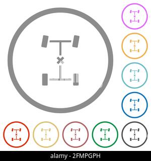 Flache Farbsymbole der zentralen Differentialsperre in runden Umrissen auf Weißer Hintergrund Stock Vektor