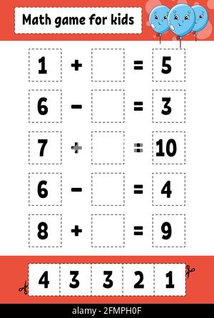 Mathe Spiel für Kinder. Arbeitsblatt zur Entwicklung von Schulungen. Aktivitätsseite mit Bildern. Spiel für Kinder. Farbige isolierte Vektordarstellung. Komisches Zeichen Stock Vektor