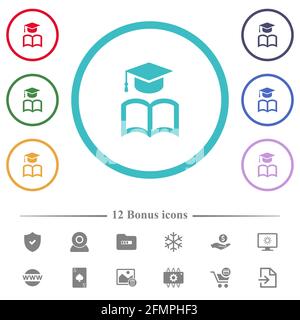 Abschlusskappe mit farbigen Symbolen in Buchform in kreisförmigen Umrissen. 12 Bonus-Symbole enthalten. Stock Vektor