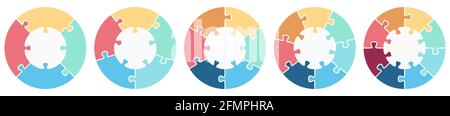 eps-Vektor-Illustration der runden farbigen Puzzle-Sammlung symbolisieren Zusammenarbeit oder Teamwork-Prozess mit weißer Basis, verschiedene Zahlen Optionen Idee Stock Vektor