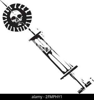 Holzschnitt-Bild im expressionistischen Stil einer Spritze mit einer Korona Virus auf die Nadel aufgespießt Stock Vektor