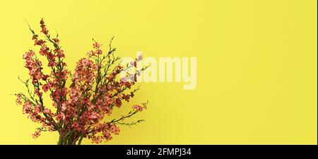 Blühender Baum mit rosa Blumen auf gelbem Hintergrund 3D-Rendering, für Geschenkkarten, Feiertage, glückliche Nachrichten Stockfoto