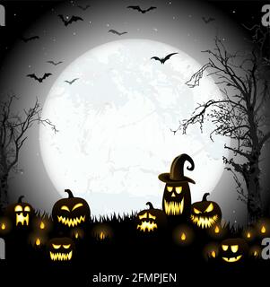 Spooky Halloween toter Baum mit unheimlichen Kürbisse vor einem Vollmond mit Fledermäusen Stock Vektor