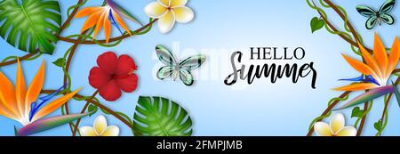 Hallo Sommer Banner mit tropischen Blumen, Blättern und Schmetterlingen Stock Vektor