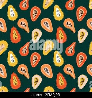 Farbmuster mit Papaya-Scheiben, Passionsfrucht auf Grün. Handgezeichnete exotische Fruchtstücke in wiederholter Hintergrundfarbe. Fruchtiges Ornament für Textil Stock Vektor