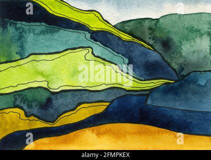 Abstrakte dekorative Landschaft Aquarell Illustration. Ruhiger Aquarell-Hintergrund mit Wald, Sträuchern und Hügeln. Aquarellmalerei mit schwarzer Tintenkontur und Papiertextur. Poster, Hintergrund, Karte. Stockfoto