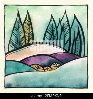 Abstrakte dekorative Landschaft Aquarell Illustration. Ruhiger Aquarell-Hintergrund mit Bäumen, Büschen und Hügeln. Aquarellmalerei mit schwarzer Farbkontur und Mustern. Poster, Hintergrund, Karte. Stockfoto