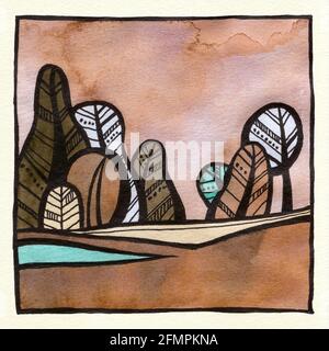 Abstrakte dekorative Landschaft Aquarell Illustration. Ruhiger Aquarell-Hintergrund mit Bäumen, Büschen und Hügeln. Aquarellmalerei mit schwarzer Farbkontur und Mustern. Poster, Hintergrund, Karte. Stockfoto