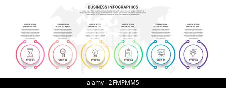 Vektor-Infografiken sechs Kreise. Geschäftskonzept mit 6 Schritten, Optionen. Infografik-Vorlage für Diagramm, Geschäft, Web, Banner, Präsentationen Stock Vektor