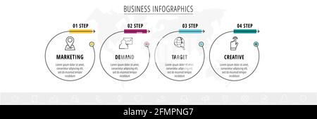 Vektor-Infografiken vier Kreise mit Pfeilen. Liniengeschäftskonzept mit 4 Schritten, Optionen. Infografik-Vorlage für Diagramm, Web, Banner, Präsentationen Stock Vektor