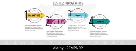 Vektor-Infografiken vier Kreise mit Pfeilen. Liniengeschäftskonzept mit 4 Schritten, Optionen. Infografik-Vorlage für Diagramm, Web, Banner, Präsentationen Stock Vektor