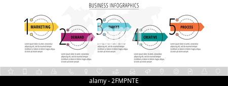 Vektor-Infografiken fünf Kreise mit Pfeilen. Liniengeschäftskonzept mit 5 Schritten, Optionen. Infografik-Vorlage für Diagramm, Web, Banner, Präsentationen Stock Vektor