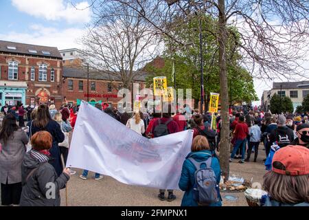 Sheffield, Großbritannien: 1. Mai 2021: Internationaler Tag der Arbeiter und Tötung der Gesetzesvorlage protestiert gegen die Kriminalisierung von Protesten in Polizei, Kriminalität, Sentenci Stockfoto