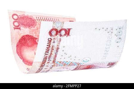 Yuan-Banknote auf weißem Hintergrund fällt, chinesisches Geld Stockfoto