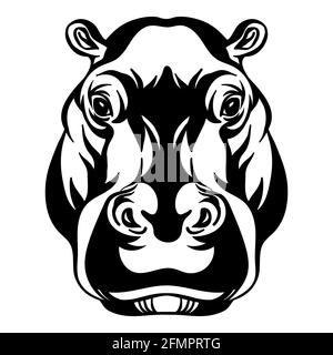 Mascot. Kopf des Hippopotamus. Vektor-Illustration schwarz Farbe Vorderansicht von wilden Tier isoliert auf weißem Hintergrund. Für Dekoration, Druck, Design, l Stock Vektor