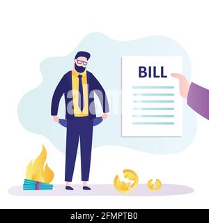 Hand hält Rechnung, unglücklicher Mann bankrott mit leeren Taschen. Geschäftsmann sorgen sich um Darlehen, Hypotheken und Finanzrechnungen. Finanzkrise, Inflationskonz Stock Vektor