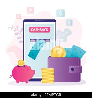 Banner zum Cashback-Konzept. Handy, Online-Banking-App auf dem Bildschirm. Geldbörse und Sparschwein mit Geld. Belohnung, Marketingtechnologie. Rückerstattung nach dem Shop Stock Vektor