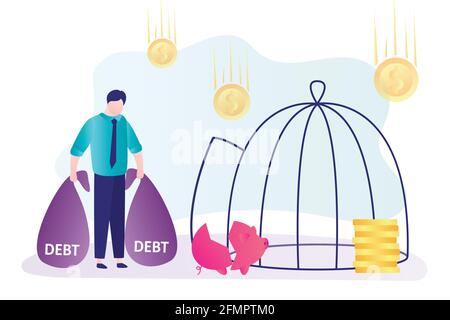 Geschäftsmann mit großen Säcken Schulden. Wirtschaftskrise und Konkurskonzept. Schöner Mann mit geschäftlichen Problemen. Finanzielle Probleme, Schuldenfalle. KKV Stock Vektor