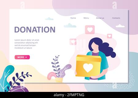 Vorlage für die Landing Page für Spenden. Eine Philanthropin hält einen Kasten mit Spenden. Volunteer sammelt Geld für einen Wohltätigkeitsfonds. Finanzielle Unterstützung. Businesswo Stock Vektor
