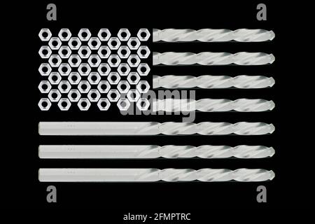 Flagge der Vereinigten Staaten von Amerika, abstrakt, erstellt mit Fotomontage, mit Fotos von Bohrern, Muttern und Bolzen. Ein industrielles und Stockfoto