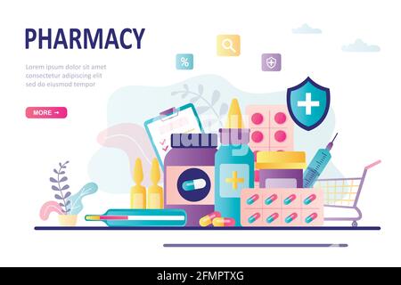 Beutel mit verschiedenen medizinischen Pillen und Flaschen. Vorlage für die Landing Page für Gesundheitswesen und Pharmazie. Verbandskasten, Medikamentenkiste. Medikamente und Supplemen Stock Vektor