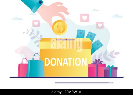 Männliche Hand legt goldene Münzen für Spenden in einen Karton. Konzept Spenden Geld, Sponsoring und Charity Fundraising. Finanzielle Unterstützung für die in ne Stock Vektor