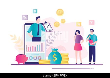 Finanzberater auf dem Smartphone-Bildschirm. Unternehmer Investoren mit Geldkapital. Investieren Sie Ideen, Finanzberatung und Unternehmensberatung, Analysen. Stock Vektor