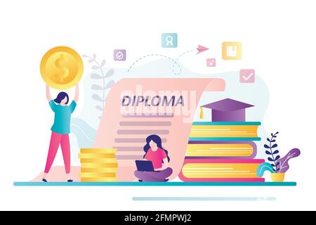 Studentinnen investieren in Bildung. Kompetenzverbesserung, Online-Kurse. E-Learning-Konzept. Bildungskredit Stipendium. Budg. Finanzplanung Stock Vektor