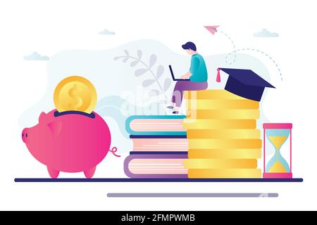 Geschäftsmann, der auf einem Laptop studiert. Männlicher Student investiert in Wissen. Konzept Investition in Bildung. Sparschwein mit Goldmünze. Stapel Bücher, Stundengl Stock Vektor