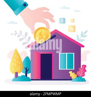 Business Hand bringt Münze ins Haus. Geld sparen für Immobilieninvestitionen. Investitionskonzept. Kauf einer Immobilie, Kapitalerhöhung. Mieteinnahmen, hous Stock Vektor