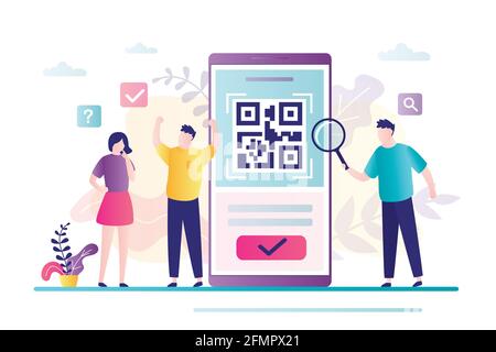 Personen, die QR-Code scannen, um per Smartphone zu bezahlen. Eine Gruppe von Geschäftsleuten scannt den Code mit dem Mobiltelefon. Intelligente Technologie für Internet und mobiles Bezahlen Stock Vektor