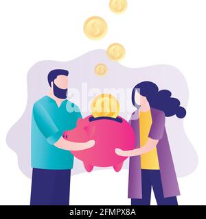 Geldverwaltungskonzept. Familienbudget, Finanzplanung. Das Ehepaar legt goldene Münzen ins Sparschwein. Das Business-Team investiert Geld in neue Stars Stock Vektor