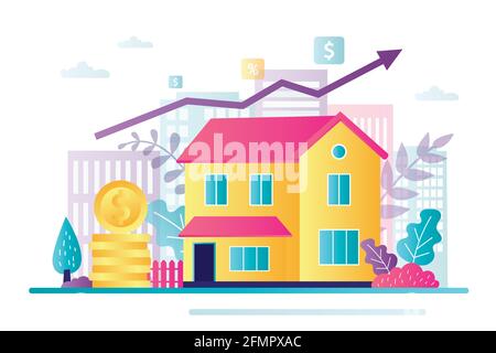 Geld sparen für Immobilieninvestitionen. Investitionskonzept. Kauf einer Immobilie, Kapitalerhöhung. Mieteinnahmen, Hauskredit, Hypothekendarlehen. Wachsende Pro Stock Vektor